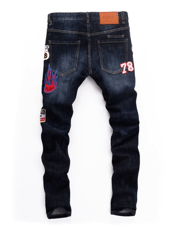Dark Blue Badge Ripped Jeans