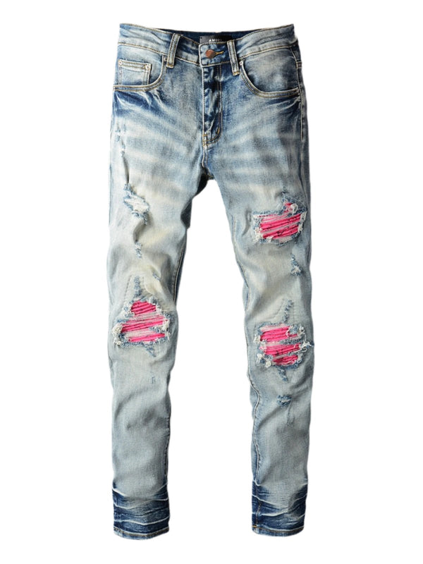 Denim Ripped Hot Pink Patch Jeans