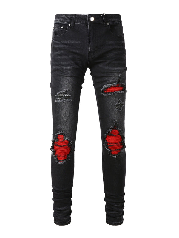 Black Ripped Red Patch Jeans