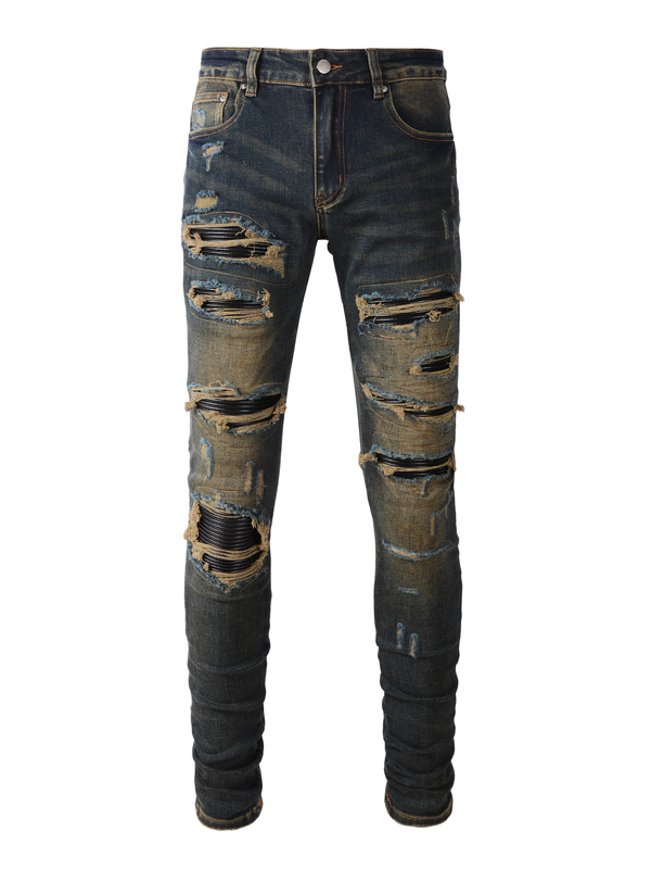 Washed Dark Blue Ripped Black Patch Jeans