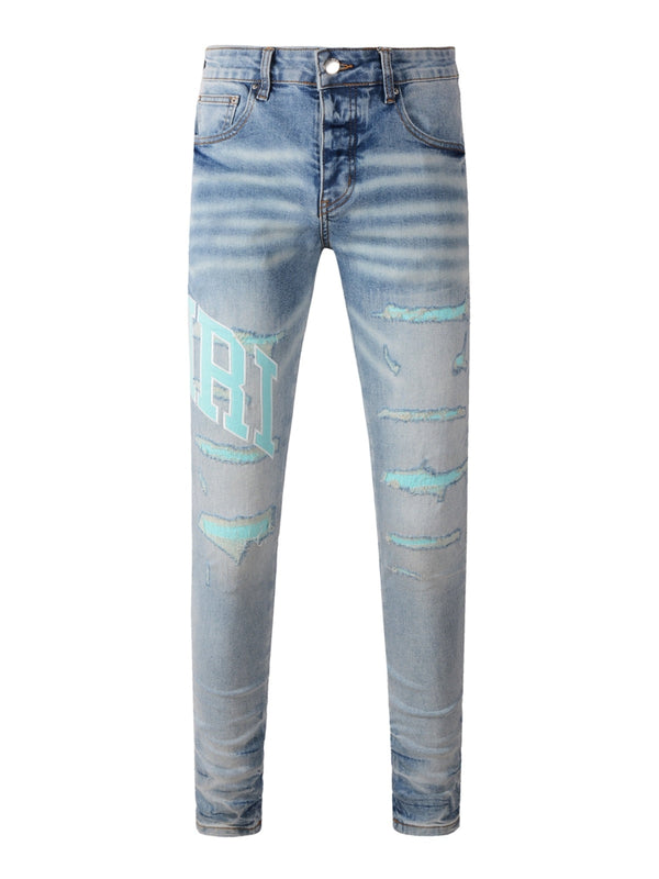 Denim Turquoise Writing Patch Jeans