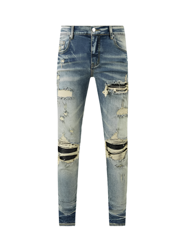 Washed Denim Ripped Black Patch Jeans